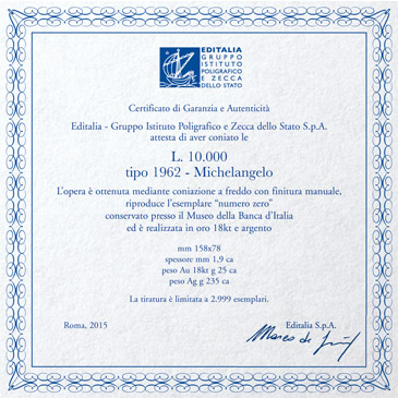 Lire 10.000 “tipo 1962” Michelangelo – Oro